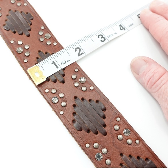 Abercrombie & Fitch Sz S/M Brown Leather Belt Studs Rhinestones Bling Boho Lace - Picture 10 of 12